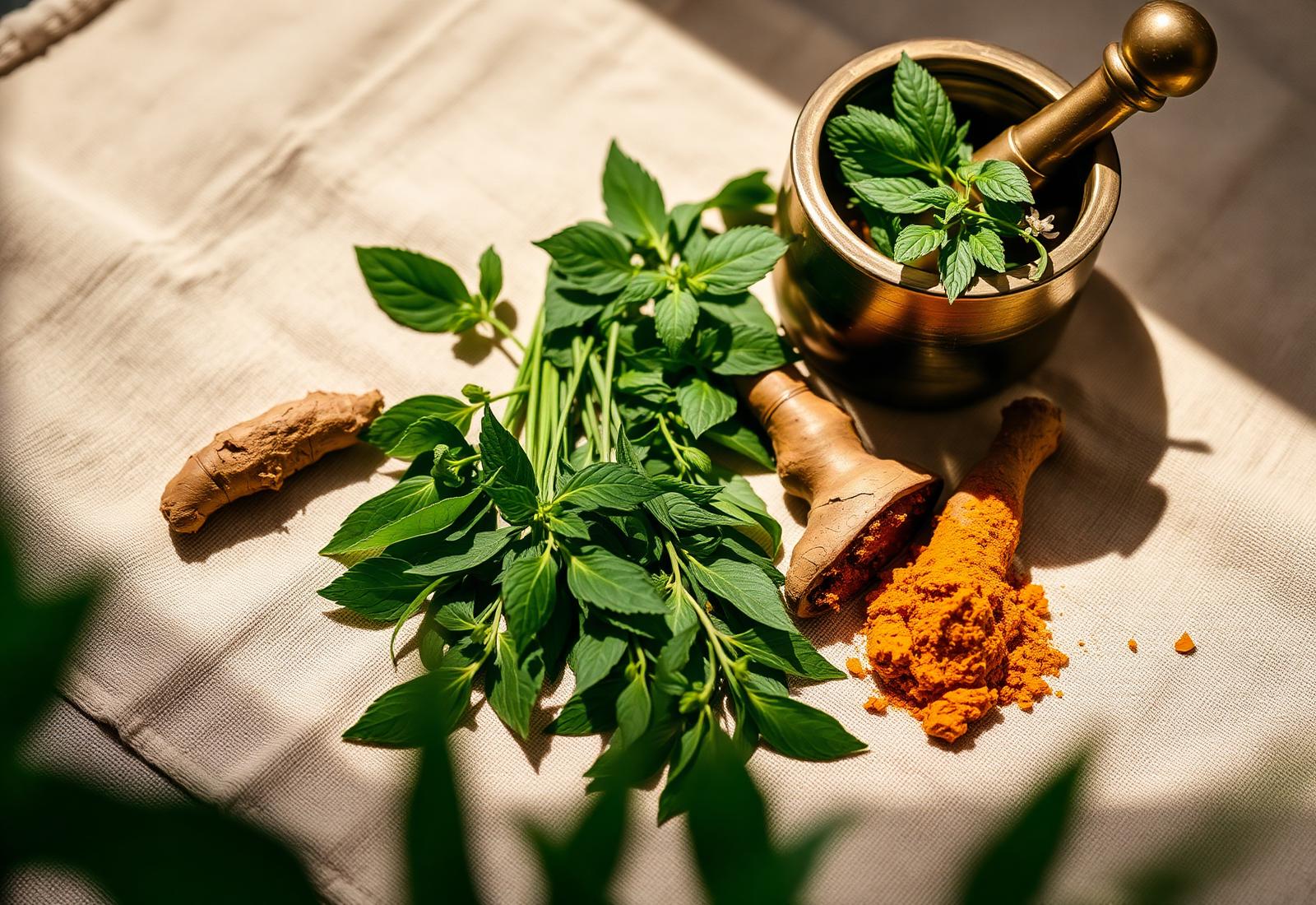 Fresh tulsi, turmeric and ashwagandha with a brass mortar